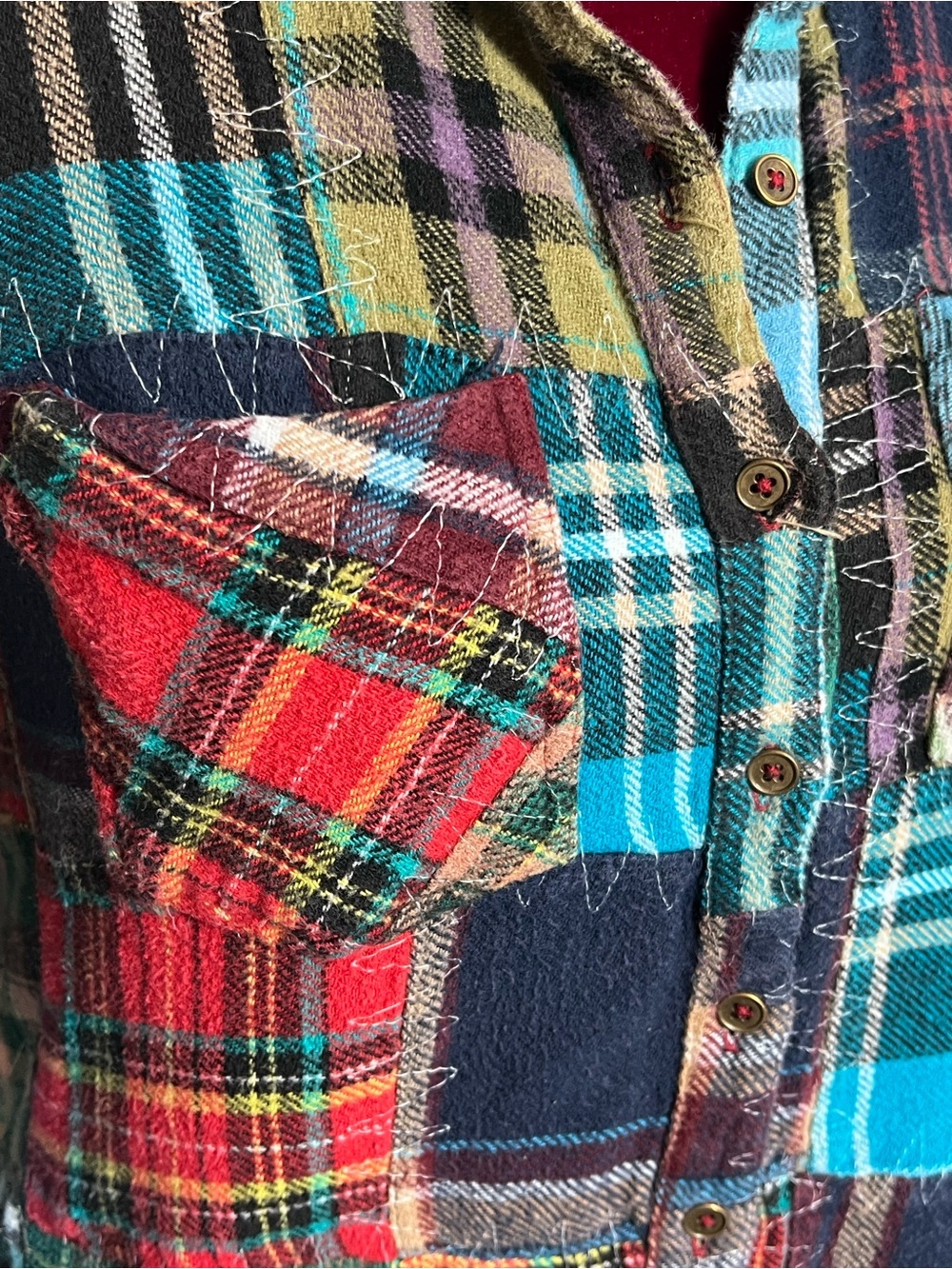 We The Free Flannel Patchwork Shirt XS Lost in Plaid Crochet Grunge Boho Frayed - Picture 8 of 16